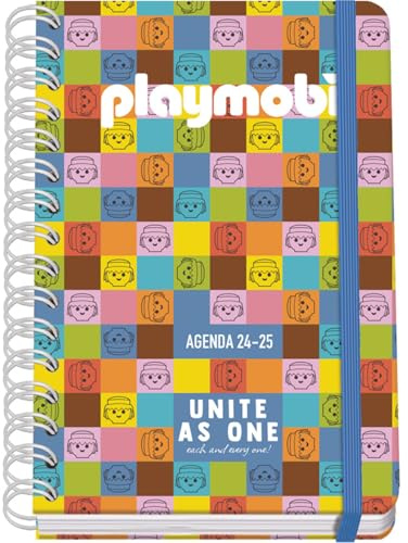 Dohe - Skolkalender 2025 2026 - Vecka per uppslag, Storlek A5 (15x21 cm), Spanska och Engelska, Dubbelspiralbindning och Resårband, Hårt omslag, 4 Klistersidesark - Playmobil Unite As One
