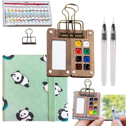 Jhbsou Mini Watercolour Kit, Mini Watercolor Travel Kit Paint Sets, Travel Water Color Set with 12 Color Paints, Wooden Grid Paint Box for Painters Artists Students (D)