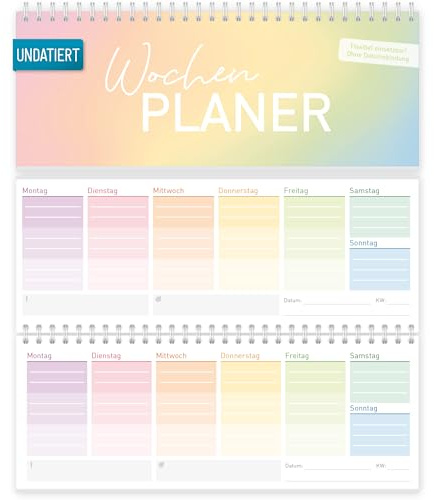 Tischkalender Rainbow undatiert Querformat 26,1 x 10,5 cm, 1 Woche pro Seite, undatierter Wochenplaner für 52 Wochen, Stehkalender - nachhaltig & klimafreundlich