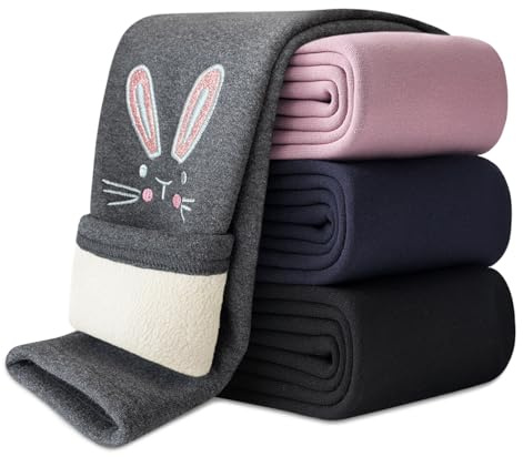 Domee Leggings Invierno Térmico Pantalones con Forro Polar Algodón Niña Conejito Bordado Gris 2-3 años (Talla del Fabricante 100)