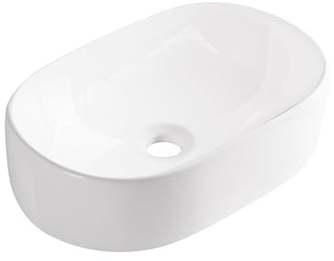 AQUAUNO - Lavabo da appoggio RITA 56 x 35,5 cm, ovale, in ceramica bianca, senza foro per rubinetto e troppopieno, in ceramica sanitaria