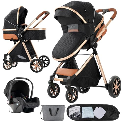 Magic ZC Kinderwagen 3 in 1, Kinderwagen Set Umkehrbarem Doppelschiebemodus, Kombikinderwagen 3 in 1 Großer Bequemer Babywanne, Buggy Rahmen Aluminiumlegierung Faltbar (V9 Black)