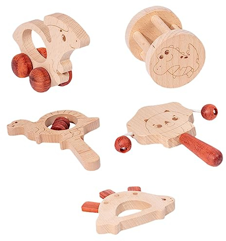 minkissy 5 Stück Teiliges Holz Rassel Greifspielzeug Handgehaltenes Montessori Krabbelspielzeug mit Sanftem und Griffkrafttraining für Neugeborene Jungen und Mädchen