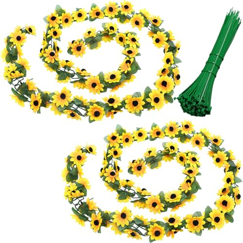 ZenyTra Künstliche Sonnenblumen Girlande, 2 Stück Je 80 Blüten, 2,4m Blumenranken, Künstliche Pflanzengirlande Für Hochzeit, Garten, Party, Balkon Deko, Wandleiste, Innen- Und Außenbereich (Gelb)