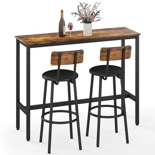 Zevemomo Dining Table Set for 2, 3-Piece Bar Table and Chairs Set, Kitchen Table and Chairs, High Top Table with 2 PU Upholstered Stools, Space-Saving Pub Table Sets for Small Space, Brown
