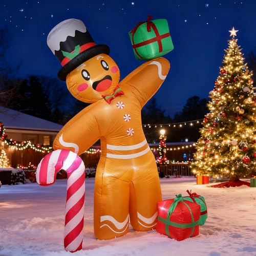 Aufblasbare Weihnachtsdeko 2,4M Weihnachtsaufblasbares Lebkuchenmann: Weihnachtsdeko Outdoor Aufblasbar mit Zuckerstange – LED-Beleuchtung – für drinnen und draußen, Garten, Rasen und Ho