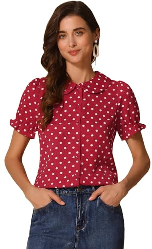 Allegra K Donna Top a Pois Vintage con Maniche a Sbuffo con Volant con Colletto alla Peter Pan Camicia da Donna a Maniche Corte Borgogna XS