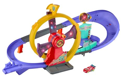 Mattel Disney and Pixar Cars Toy Track Set with Light-Up Lightning McQueen, Race to Celebrate Celebration Raceway Playset with Loop & Wind-Up Kicker, JMT57