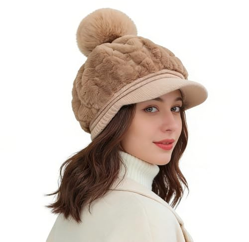 Wisylizv Cappello da donna – Cappello da costume con pompon – Cappello invernale con visiera – per donna e ragazza in passeggiata quotidiana viaggio mattinaio sci vacanze all'aperto