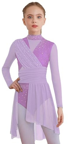 Nyeemya Vestido Patinaje Artistico Sobre Hielo para Niñas Maillot Ballet de Manga Larga Leotardo Gimnasia Bailarina Maillot Danza Niña para Competición Lavanda E 7-8 años