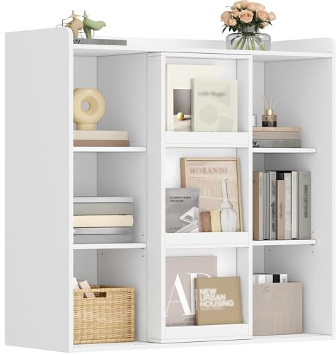 HEXCELEN Bücherregal, Standregal mit Schiebetüren Weiß 30 x 100 x 106 cm | Bücherschrank mit 9 Würfeln, Verstellbare Paneele, für Arbeitszimmer Schlafzimmer Wohnzimmer