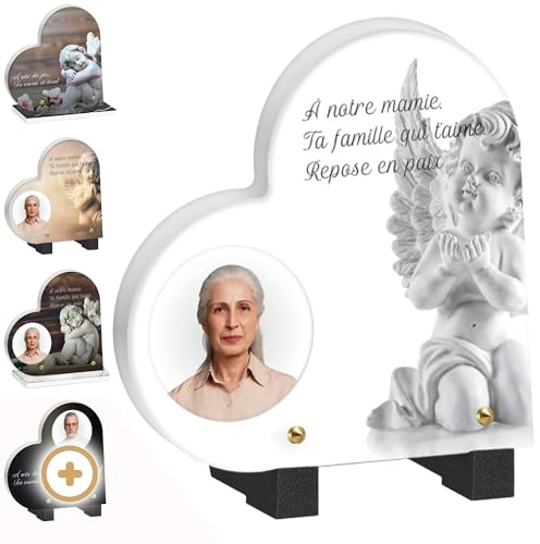 PHENIX | Plaque Funéraire Coeur Personnalisée en Pierre (20x18 CM) Thème Ange - Cœur Funéraire Personnalisable, Plaque Funéraire Personnalisable Cœur - Plaque Mortuaire Coeur