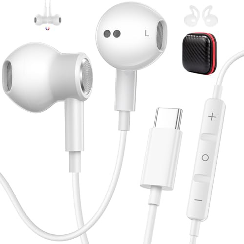 AIAUXAI In Ear Cuffie USB C per Samsung S26 S25 S24 S23 A56 A16 A17 Bianco | Microfono e Controllo Volume, Design Magnetico, Auricolari con Filo per iPhone 17 16 15, Cuffiette per Google 10 9 per Xiaomi