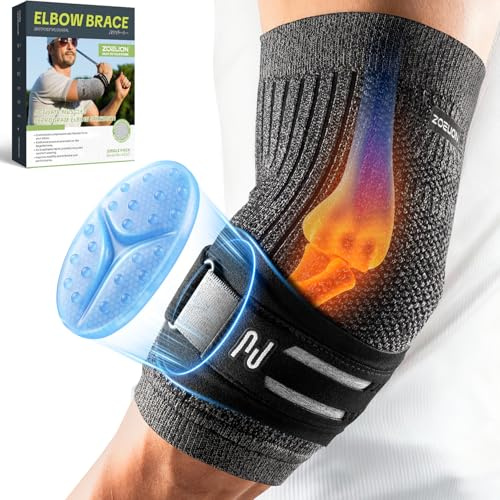 ZOELION Tennis Elbow Support for Men Women, Elbow Brace with Movable 7 cm Silicone Gel Pad & Adjustable Strap, Targeted Forearm Support for Tennis Elbow, Golfers Elbow, Tendonitis, Black, L