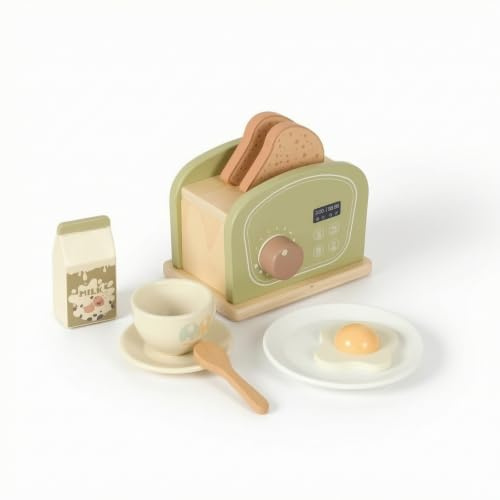 Fonowx Children Play Appliance Wooden Toy Breakfast Appliance And Kitchen Set With Coffee Maker Printed Controls Textured Knob Lever Feature Complete Play , Green , Toaster