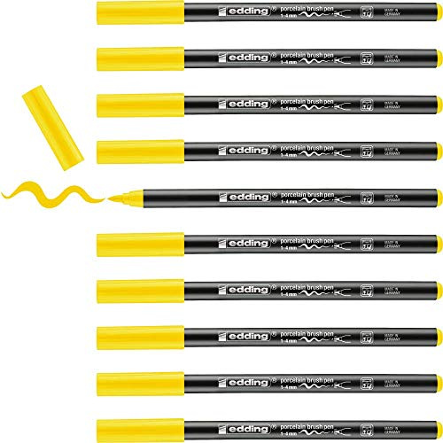 edding 4200 Porzellanpinselstift - gelb - 10 Stifte - Pinselspitze 1-4 mm - Filzstift zum Beschriften u. Dekorieren von Keramik, Porzellan - spülmaschinenfest, lichtechte Tinte, schnell trocknend