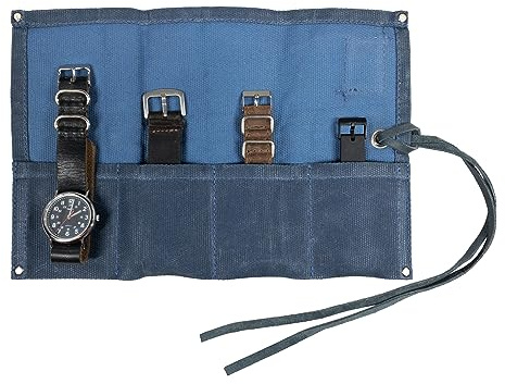 Hide & Drink, Waterproof Waxed Canvas Travel Watch Roll Organizer with 4 Slots, Easy Carry On Watchlover Storage, Handmade Travel Case, Blue Mar