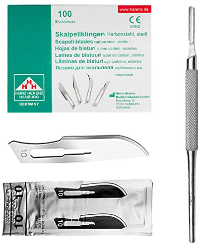 May Skalpell-Set runder Griff 100 Klingen Figur 10 | Profi-Set für anspruchsvolle Bastel-Projekte. Runder Edelstahl-Griff (Nr. 3) mit 100 steril verpackten Karbonstahlklingen.