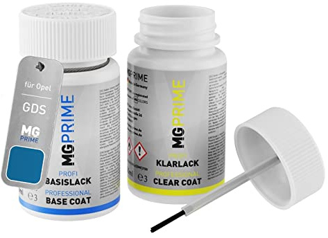 MG PRIME Autolack Lackstift für Opel GDS / 22V True Blue Metallic +1K | Arktisblau Metallic, Set aus Basislack + Klarlack, Lackfläschchen mit Pinsel, je 50ml