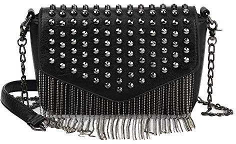 Kris Anna Borchie Borsa a tracolla con Catena Frange da Donna Mini Borse a Spalla in Pelle PU per Ragazze Adolescenti Signora Nero