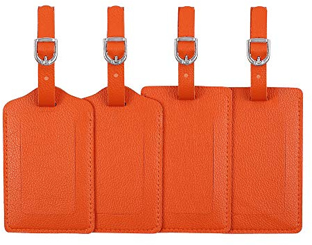 Luggage Tags, Microfiber Leather Personalized Suitcase Tag Set Luggage id Tags Labels Travel Accessories-Set of 4(Orange)