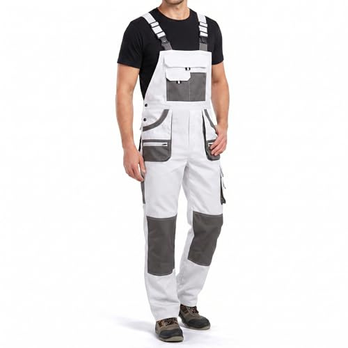 Stenso EM Arbeitshosen Männer - Latzhose Herren Arbeitshose mit Zwei Voluminösen Doppeltaschen, Brusttasche, Cargotasche, Verstärkten Knien, Werkzeugschlaufe - Arbeitslatzhose Herren - Weiß EU60