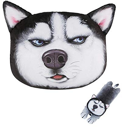 LONTA Car Neck Pillow with Auto Seat Belt Cover Seatbelt Shoulder Pad - Cute Cartoon Dog & Cat Head Car Travel Pillow Compatible with All Cars Headrest Cushion (A,Husky)