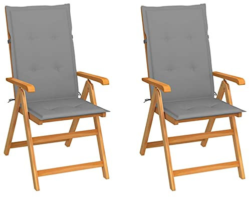 Festnight Gartenstühle 2 STK mit Grauen Auflagen Klappstühle Holzstühle Campingstuhl Garten-Essstühle Outdoor-Sessel Terrassenstuhl Balkonstuhl Klappsessel Massivholz Teak