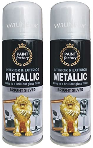 HitlineUK Bright Silver Spray Paint Metallic 200ML Brilliant Gloss Finish Aerosol Spray Paint Interior & Exterior Decorative Metal, Wood, Ceramic (2 Cans)