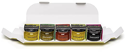 Caviaroli - Sferificazione di Olio Extra Vergine e Aceto - Perle Gelificate Gourmet per Condimenti e Decorazioni, Pack 5 Sapori, Olio, Peperoncino, Basilico, Wasabi e Aceto di Modena - 3x20g