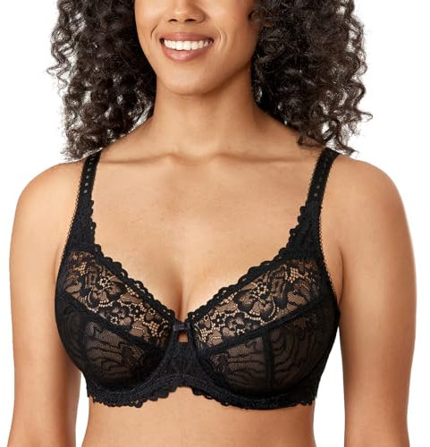 DELIMIRA Donna Reggiseno Minimizer in Pizzo Taglie Forti Coppa Completa con Ferretto Senza Imbottito Nero 5G