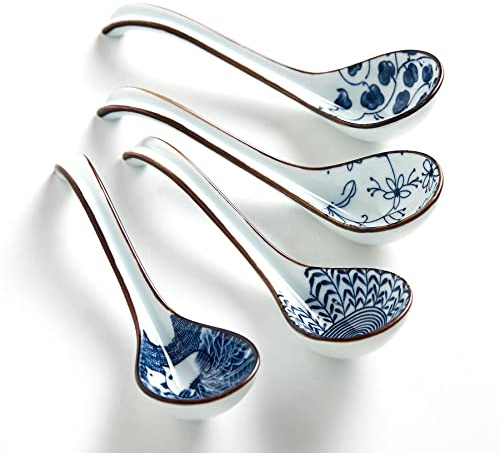 Hoilse Ceramic Soup Spoons, Easy to Hold, 6.4 Perfect Depth Ramen Spoons for Ramen Noodles, Chinese Soup Dumplings, Pho & Curry | Dishwasher Safe, Japanese Gift - Set of 4 - Blue