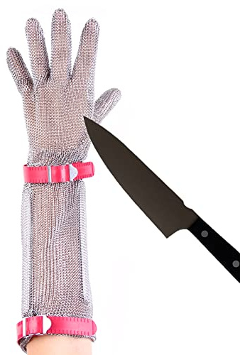 RETON-PPE 15cm Long Chainmail Glove for Cutting Meat,Food Grade, Stainless Steel Metal Mesh Gloves Highest Level Cut Resistant Glove with Plastic Strap,Safety Work Cut for Chef/Butcher Gloves (M)