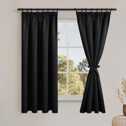 DWCN svart gardin ogenomskinliga mörkläggningsgardiner med veckband, set om 2 stycken H 183 x B 117 cm gardiner vardagsrum med gardinslipsar, värmeisolerande gardiner termisk gardin köldskydd