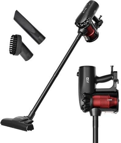 EVVO Aspiradora con Cable, 2 en 1, Aspirador Escoba y Mano, Depósito 500 ml Sin Bolsa, Succión 16 kPa, Tecnología Ciclónica, Silencioso, Soporte para Pared, 3 Accesorios, Filtro (Modelo: A12)