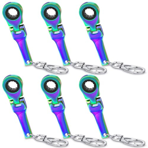 Remuuly 6 Pcs 10 mm Ratchet Wrench Keychain Key Ring Mechanic Gift Heavy Duty Wrench Key Ring (Colorful)