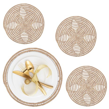 Relaxdays Tischset, 4er Set, natürliches Design, Palmenfaser, rundes Platzset, Ø 35 cm, Teller, Deko, Esstisch, Natur | rundes Platzset, Ø 35 cm, Teller, Deko, Esstisch