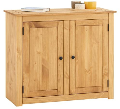 CARO-Möbel Kommode Cancun Zwei Türen aus Kiefer Natur, massives Kiefernholz, Metallgriffe, natürliche Holzmaserung, Flurkommode, Holzschrank, Esszimmermöbel