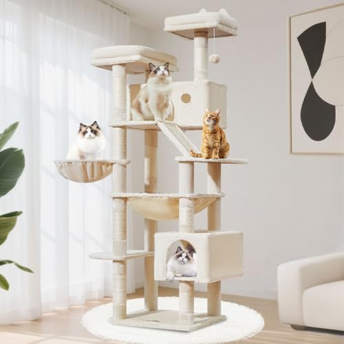 Taoqimiao 180cm Kratzbaum XXL, Großer Katzenbaum Für Große Katzen, MS026LM | Stabil, 8 Kratzsäulen, Mehrstöckig, Mehrkatzen, Katzenkratztafel, 2 Katzenhäuser, Hängehängematte, Korb, Innen, Beige
