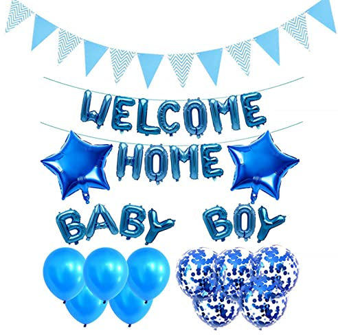 DUGEGAYL Welcome Home Baby BOY Folienballons Banner, Willkommen Zuhause Deko Blau Luftballons Set Zur Geburt boy, Latex Ballons mit Pailletten Familie Partei (Blau)