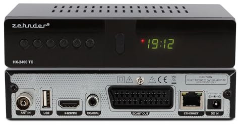 ZEHNDER HX 2400 TC Hybrid-mottagare – lämplig för DVB-C och DVB-T2, TV-mottagare, inspelning och Timeshift via USB, 4-siffrig LED-display, fjärrkontroll, 12 V strömförsörjning, full