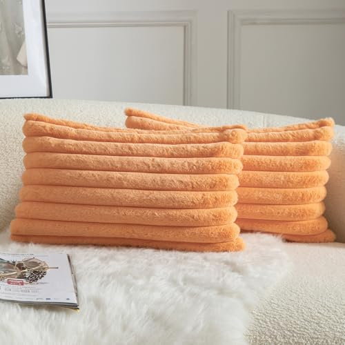 Mandioo 2er Set Kissenbezug gestreiftes Künstlich Pelz Superweich Kissen Flauschig Modern Kissenhülle Deko Sofa Wohnzimmer Schlafzimmer Kissenbezüge 30 x 50 cm Orange