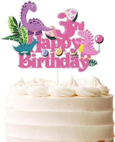 Cupcake Topper Dinosaure,Dinosaure Cupcake Toppers,Rose 3 ans Topper Dinosaure Gateau,Décoration de GâTeau Happy Birthday,Décoration de gâteau 3 ans Décoration de Gâteau pour Fille