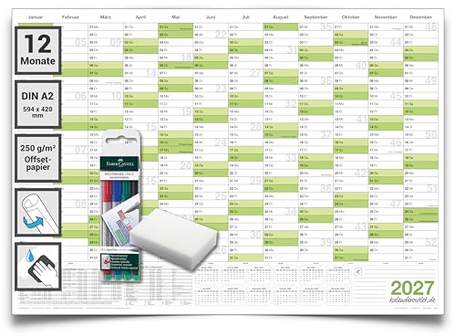 Kalenderoutlet DIN A2 abwischbarer Wandkalender 2027 gerollt 59,4x42,0 cm groß inklusive 4 Marker und Schwamm. Wandplaner ist feucht korrigierbar, Jahresplaner in deutscher Sprache