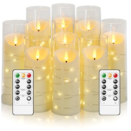 Eebuss Flameless Candles with Embedded Star String, Battery Operated LED Pillar Candles with Timer and Remote Control,Home Decorating for Ambiance， Set of 9 (Ivory)
