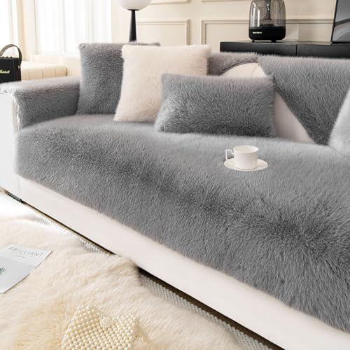 ShowyLive Samt Sofa überzug 1/2/3/4 Sitzer L Form Couch Überzug Ecksofa rutschfest Hund Katze -Antirutsch, Anti Slip Sofabezug Sofa Überwurf (Gray, 90 * 160CM)