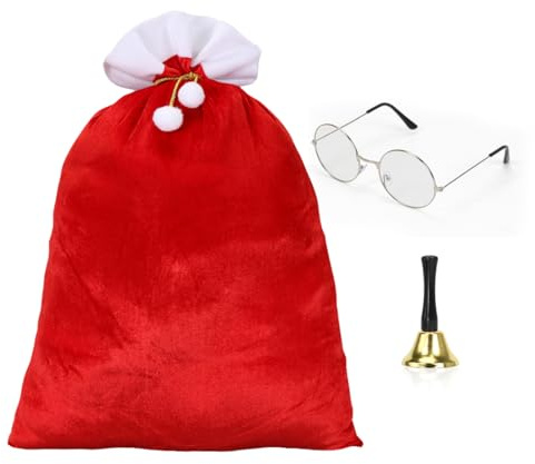 Aurasky Sac de Noël, Père Noël, en velours, avec cordon et pompons, lunettes et cloche, sac cadeau de Noël pour costume de Père Noël