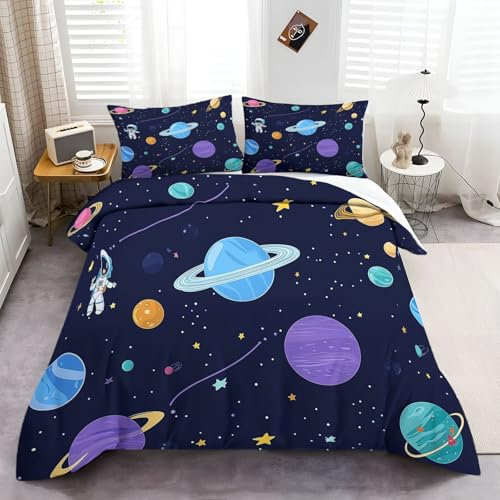 CozyRest Bettbezug 180x200 cm Planeten Und Raumschiffe Bettwäsche Set Mikrofaser Weltraum-Cartoon-Astronaut Kinderbettwäsche Set für Kinder Teens, Bettbezug mit 2 Kissenbezüge 80x80 cm