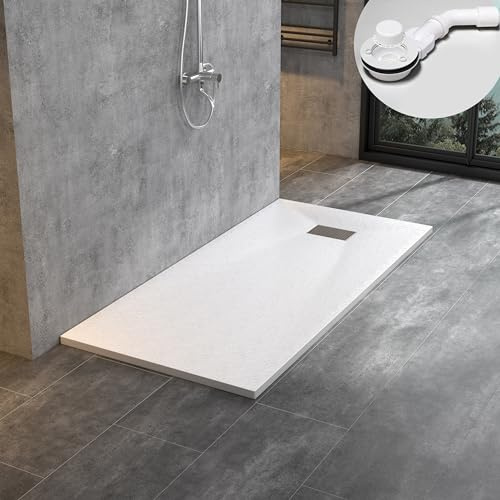 WITEN&NOCK SMC Duschwanne 180x70cm weiß Höhe 3,2cm inkl. Ø90mm Siphon | SMC Duschtasse extra flache Steinoptik Antirutsch inkl. Edelstahl Abdeckung, zuschneidbar
