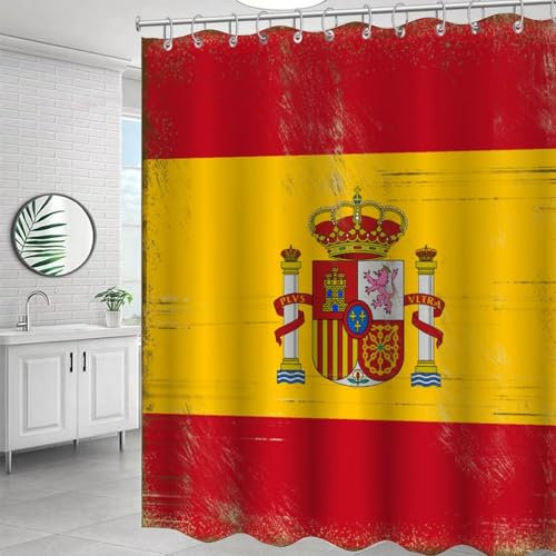 Yelolyio Duschvorhang mit spanischer Nationalflagge im Vintage-Stil, mit 12 Haken, wasserdicht, knitterfrei, Duschvorhang für Badezimmer, Badewannen, Polyester, 183 x 198 cm